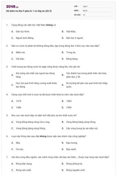 Đề kiểm tra Địa 9 giữa kì 1 có đáp án (đề 5)