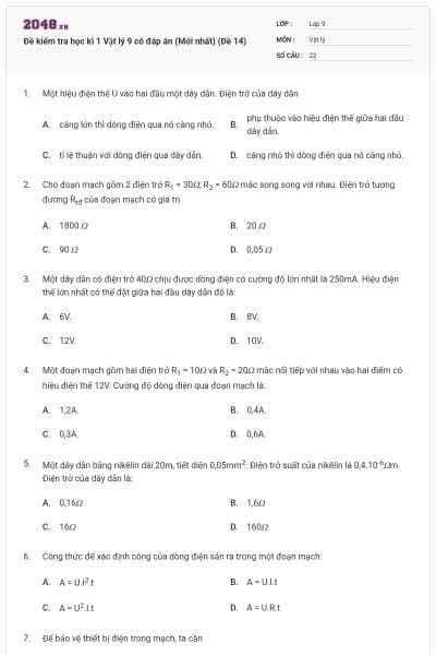 Đề kiểm tra học kì 1 Vật lý 9 có đáp án (Mới nhất) (Đề 14)
