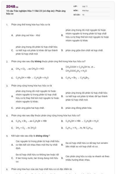 10 câu Trắc nghiệm Hóa 11 Bài 23 (có đáp án): Phản ứng hữu cơ