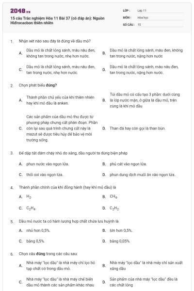 15 câu Trắc nghiệm Hóa 11 Bài 37 (có đáp án): Nguồn Hiđrocacbon thiên nhiên