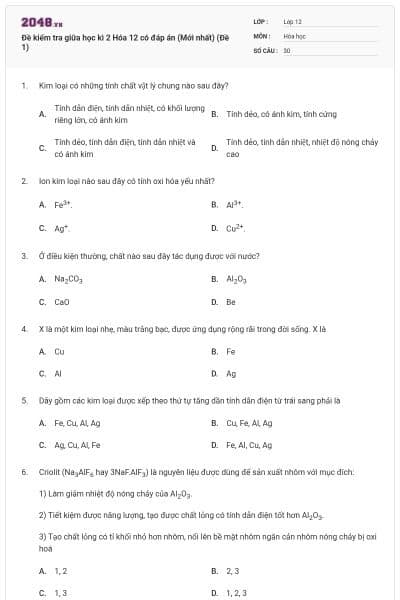 Đề kiểm tra giữa học kì 2 Hóa 12 có đáp án (Mới nhất) (Đề 1)
