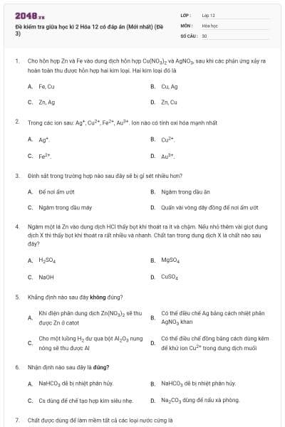 Đề kiểm tra giữa học kì 2 Hóa 12 có đáp án (Mới nhất) (Đề 3)