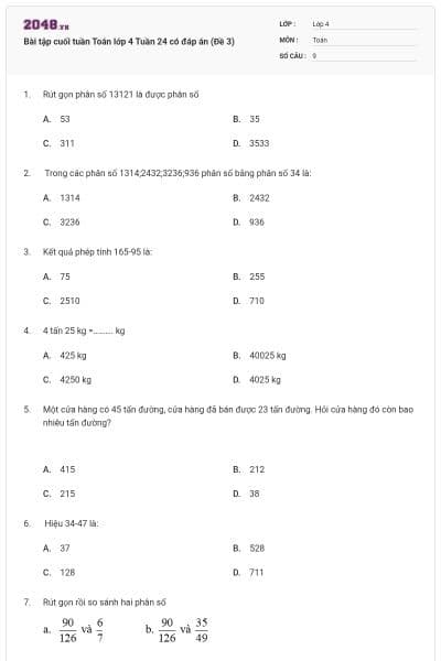 Bài tập cuối tuần Toán lớp 4 Tuần 24 có đáp án (Đề 3)