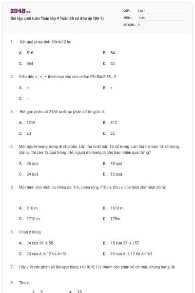 Bài tập cuối tuần Toán lớp 4 Tuần 25 có đáp án (Đề 1)