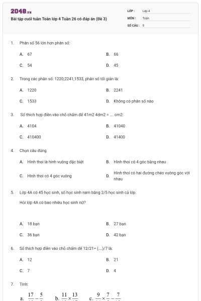 Bài tập cuối tuần Toán lớp 4 Tuần 26 có đáp án (Đề 3)