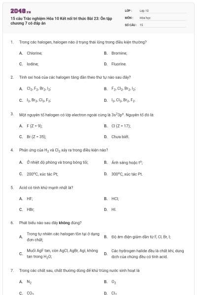 15 câu Trắc nghiệm Hóa 10 Kết nối tri thức Bài 23: Ôn tập chương 7 có đáp án