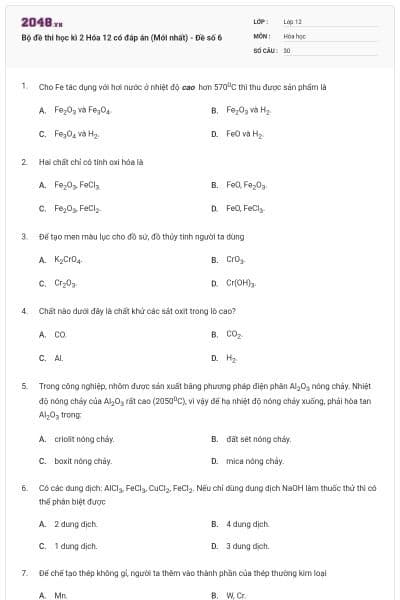 Bộ đề thi học kì 2 Hóa 12 có đáp án (Mới nhất) - Đề số 6