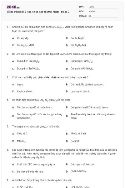 Bộ đề thi học kì 2 Hóa 12 có đáp án (Mới nhất) - Đề số 7