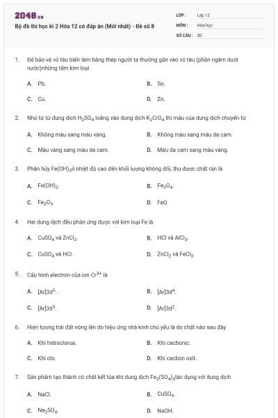 Bộ đề thi học kì 2 Hóa 12 có đáp án (Mới nhất) - Đề số 8