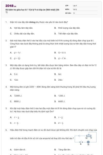 Đề kiểm tra giữa học kì 1 Vật lý 9 có đáp án (Mới nhất) (Đề 1)
