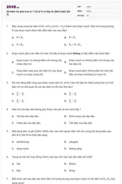 Đề kiểm tra giữa học kì 1 Vật lý 9 có đáp án (Mới nhất) (Đề 3)