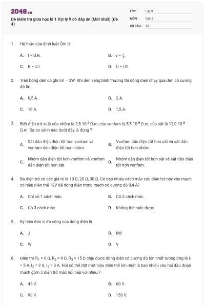 Đề kiểm tra giữa học kì 1 Vật lý 9 có đáp án (Mới nhất) (Đề 4)