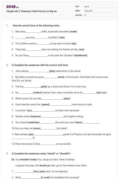 Chuyên đề 2: Grammar (Verb Forms) có đáp án