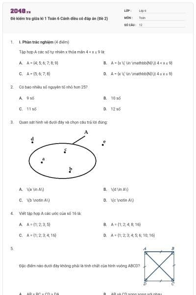 Đề kiểm tra giữa kì 1 Toán 6 Cánh diều có đáp án (Đề 2)
