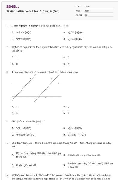 Đề kiểm tra Giữa học kì 2 Toán 6 có đáp án (Đề 1)