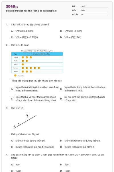 Đề kiểm tra Giữa học kì 2 Toán 6 có đáp án (Đề 3)