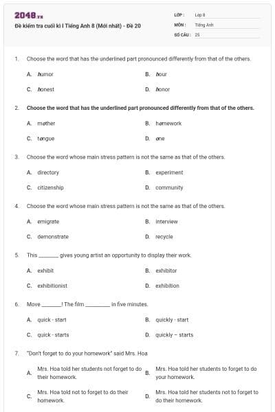 Đề kiểm tra cuối kì I Tiếng Anh 8 (Mới nhất) - Đề 20