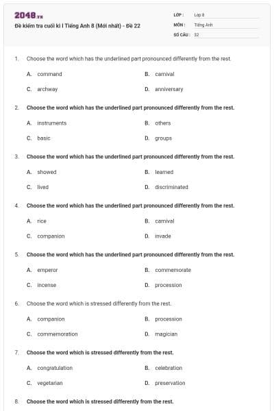 Đề kiểm tra cuối kì I Tiếng Anh 8 (Mới nhất) - Đề 22