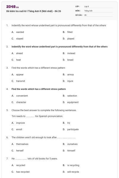 Đề kiểm tra cuối kì I Tiếng Anh 8 (Mới nhất) - Đề 26