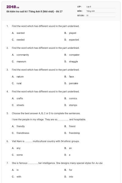 Đề kiểm tra cuối kì I Tiếng Anh 8 (Mới nhất) - Đề 27
