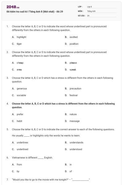 Đề kiểm tra cuối kì I Tiếng Anh 8 (Mới nhất) - Đề 29