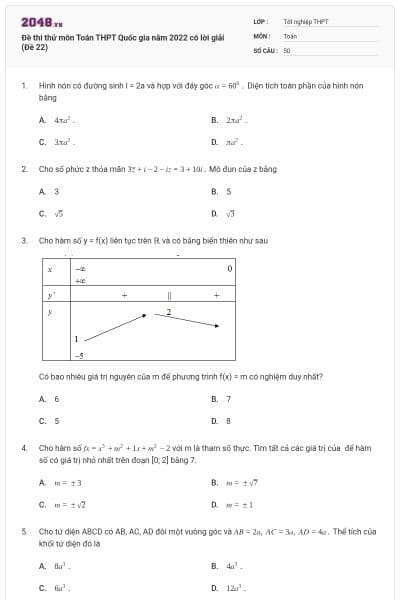 Đề thi thử môn Toán THPT Quốc gia năm 2022 có lời giải (Đề 22)