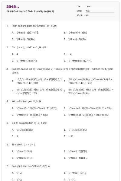 Đề thi Cuối học kì 2 Toán 6 có đáp án (Đề 1)