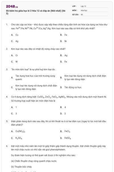 Đề kiểm tra giữa học kì 2 Hóa 12 có đáp án (Mới nhất) (Đề 5)