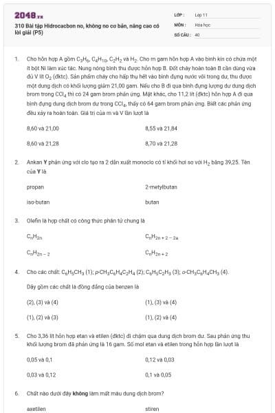 310 Bài tập Hidrocacbon no, không no cơ bản, nâng cao có lời giải (P5)