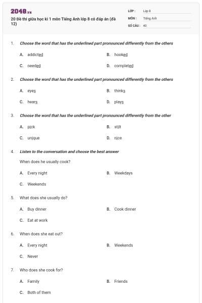 20 Đề thi giữa học kì 1 môn Tiếng Anh lớp 8 có đáp án (đề 12)