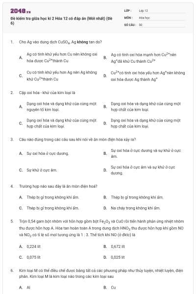 Đề kiểm tra giữa học kì 2 Hóa 12 có đáp án (Mới nhất) (Đề 6)