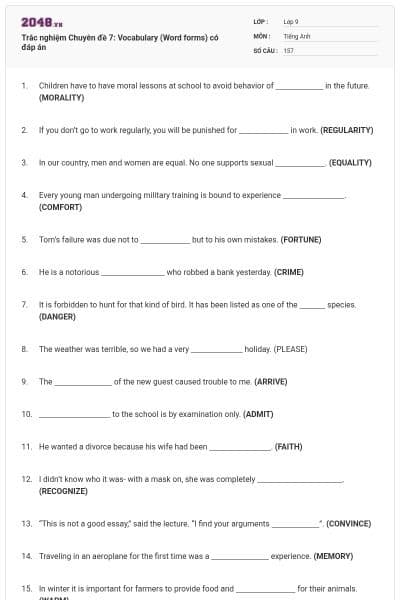 Trắc nghiệm Chuyên đề 7: Vocabulary (Word forms) có đáp án