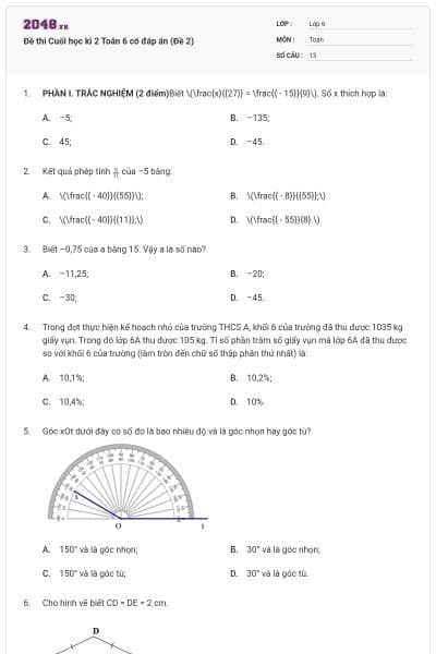 Đề thi Cuối học kì 2 Toán 6 có đáp án (Đề 2)