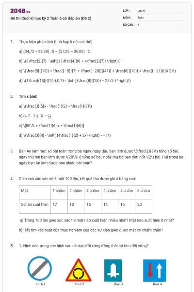 Đề thi Cuối kì học kỳ 2 Toán 6 có đáp án (Đề 2)