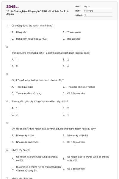 15 câu Trắc nghiệm Công nghệ 10 Kết nối tri thức Bài 2 có đáp án