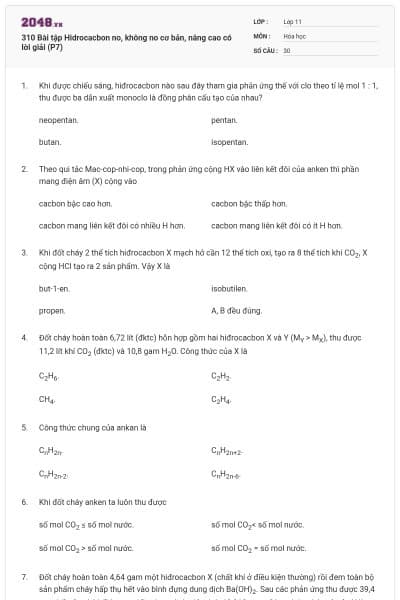 310 Bài tập Hidrocacbon no, không no cơ bản, nâng cao có lời giải (P7)