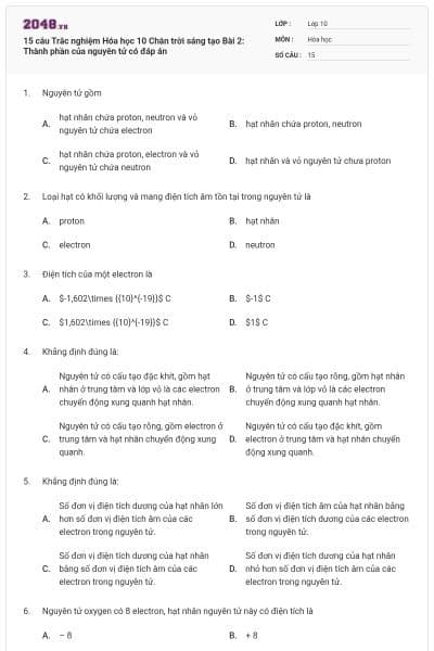 15 câu Trắc nghiệm Hóa học 10 Chân trời sáng tạo Bài 2: Thành phần của nguyên tử có đáp án
