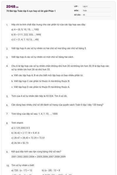 70 Bài tập Toán lớp 6 cực hay có lời giải Phần 1