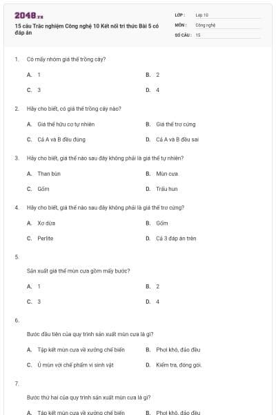 15 câu Trắc nghiệm Công nghệ 10 Kết nối tri thức Bài 5 có đáp án