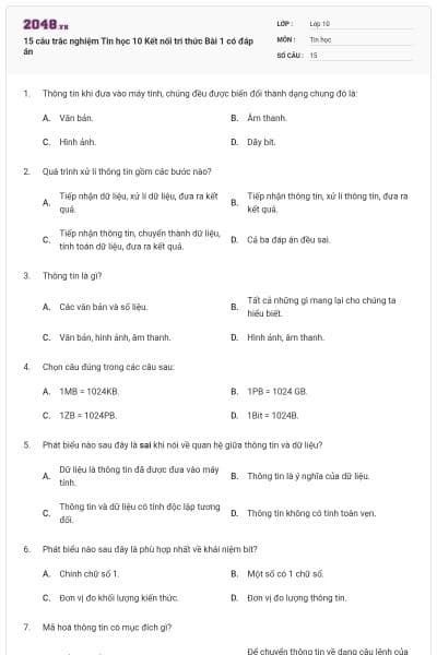 15 câu trắc nghiệm Tin học 10 Kết nối tri thức Bài 1 có đáp án