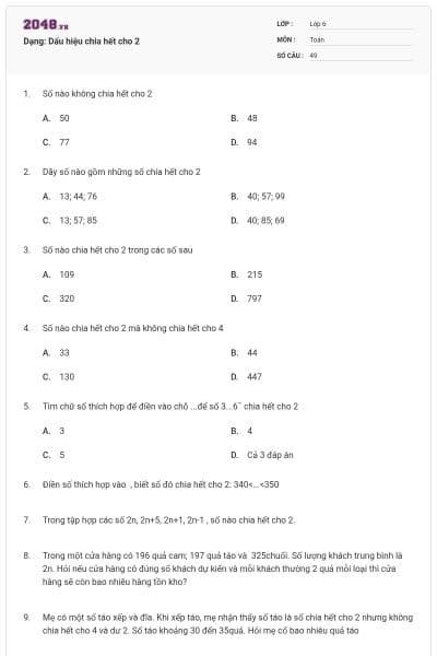 Dạng: Dấu hiệu chia hết cho 2