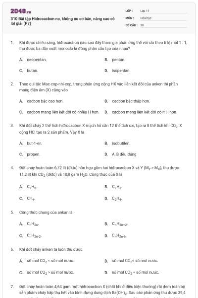 310 Bài tập Hidrocacbon no, không no cơ bản, nâng cao có lời giải (P7)