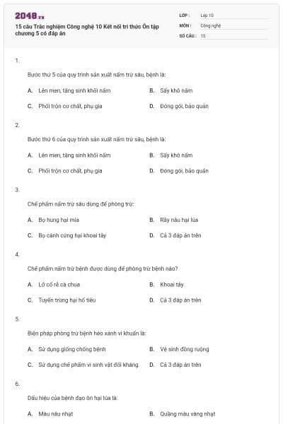 15 câu Trắc nghiệm Công nghệ 10 Kết nối tri thức Ôn tập chương 5 có đáp án