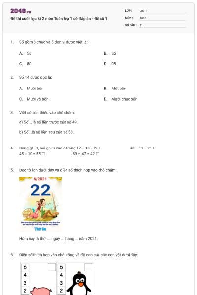 Đề thi cuối học kì 2 môn Toán lớp 1 có đáp án - Đề số 1