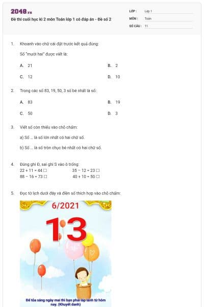 Đề thi cuối học kì 2 môn Toán lớp 1 có đáp án - Đề số 2