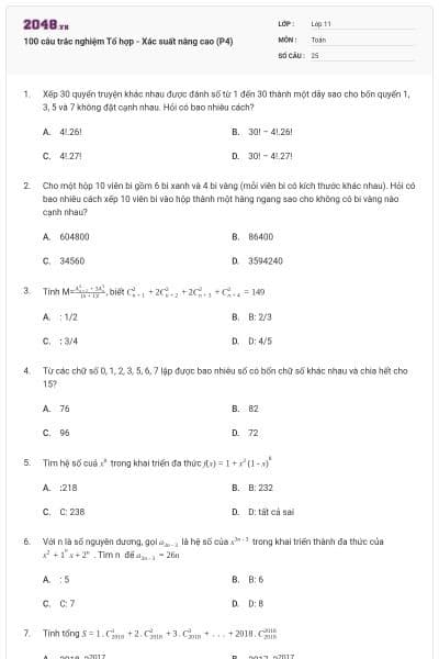 100 câu trắc nghiệm Tổ hợp - Xác suất nâng cao (P4)