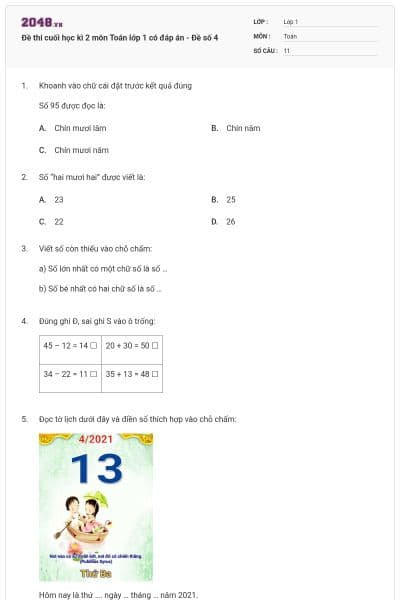 Đề thi cuối học kì 2 môn Toán lớp 1 có đáp án - Đề số 4