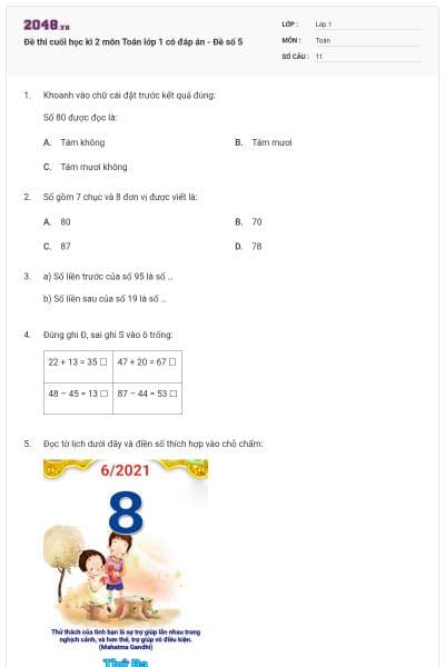 Đề thi cuối học kì 2 môn Toán lớp 1 có đáp án - Đề số 5