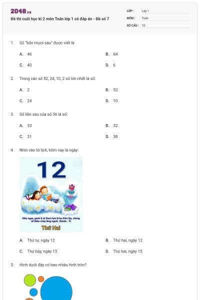 Đề thi cuối học kì 2 môn Toán lớp 1 có đáp án - Đề số 7