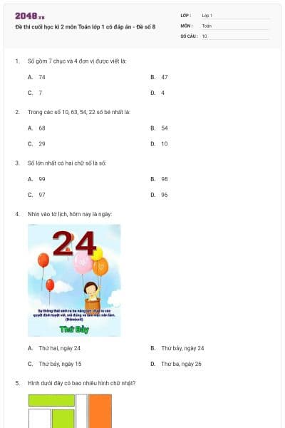 Đề thi cuối học kì 2 môn Toán lớp 1 có đáp án - Đề số 8